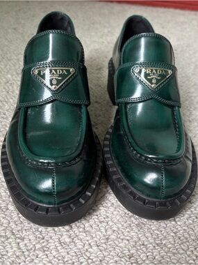 Prada Dark Green Patent Leather Loafers with Black Lug Sole